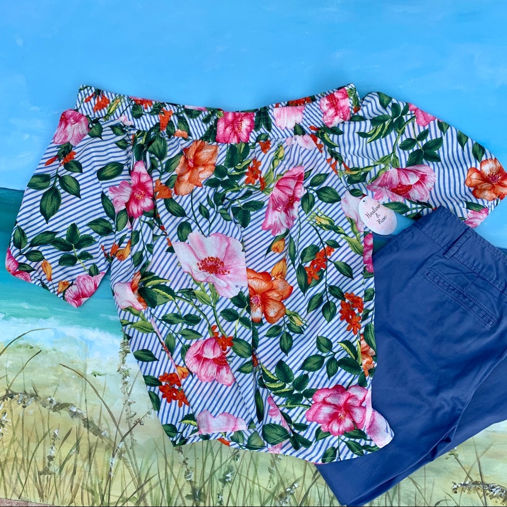 SOLD Harlow & Rose Blue Striped Floral Shoulder Top - Picture 4 of 11